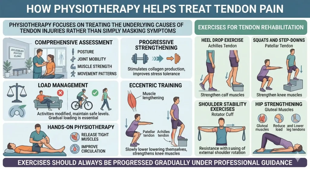 Physiotherapy treatments and exercises for tendon pain including progressive strengthening, eccentric training, heel drop exercise, squats, shoulder stability exercises, and hip strengthening for tendon rehabilitation.