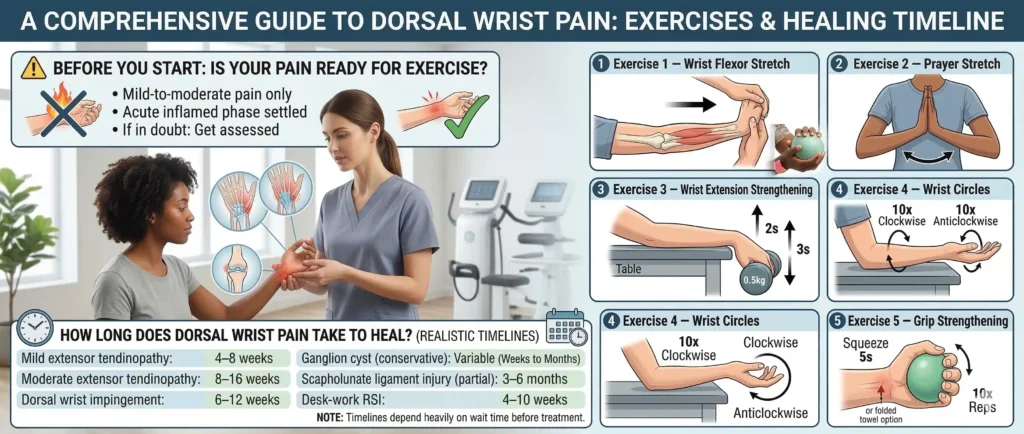 Infographic titled “A Comprehensive Guide to Dorsal Wrist Pain: Exercises & Healing Timeline.” On the left, a clinician examines a seated patient’s wrist in a rehab clinic, with warning text saying to start exercises only when pain is mild to moderate and the acute inflamed phase has settled. At the bottom left, a healing timeline lists approximate recovery times: mild extensor tendinopathy 4 to 8 weeks, moderate extensor tendinopathy 8 to 16 weeks, dorsal wrist impingement 6 to 12 weeks, ganglion cyst variable from weeks to months, partial scapholunate ligament injury 3 to 6 months, and desk-work RSI 4 to 10 weeks. On the right, illustrated wrist exercises include wrist flexor stretch, prayer stretch, wrist extension strengthening with a light weight, wrist circles, and grip strengthening with a soft ball.