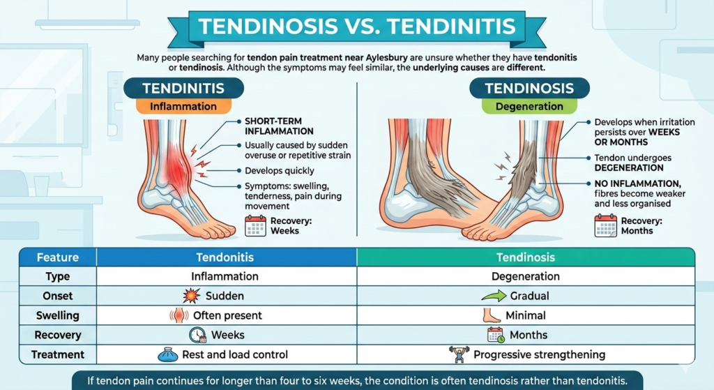 Illustration explaining tendon pain by comparing tendinitis (short-term inflammation) and tendinosis (long-term tendon degeneration) with symptoms, recovery time, and treatment differences.