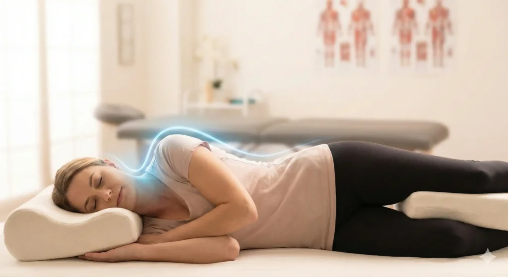 “Side sleeping position with pillow support to reduce trapped nerve pressure and improve spinal alignment.”