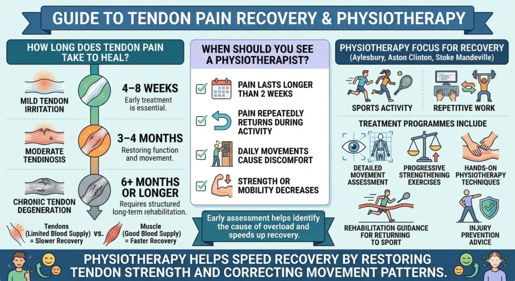 Guide to tendon pain recovery showing healing timelines, signs to see a physiotherapist, and physiotherapy treatments such as strengthening exercises, movement assessment, and rehabilitation.