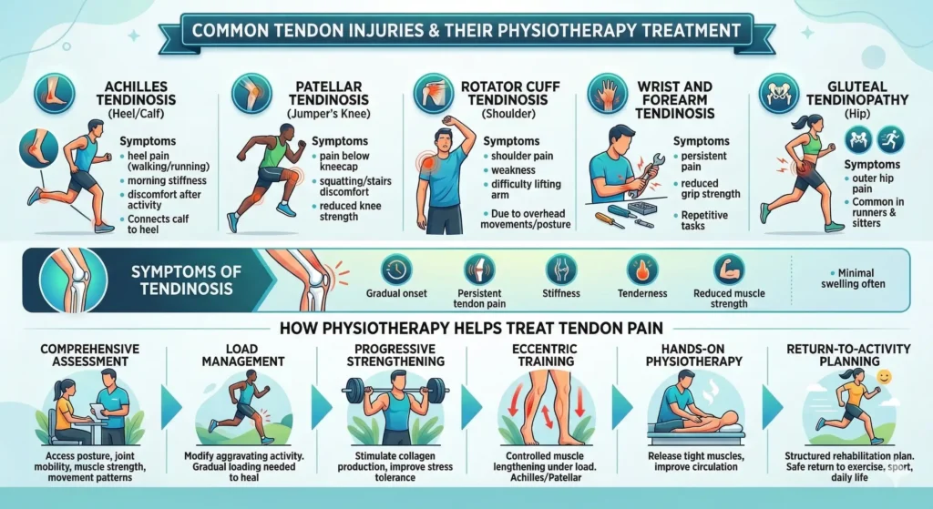 Physiotherapy treatment for tendon pain showing common tendon injuries including Achilles tendinosis, patellar tendinosis, rotator cuff tendinosis and wrist tendon pain treated at Phoenix Physio Aylesbury
