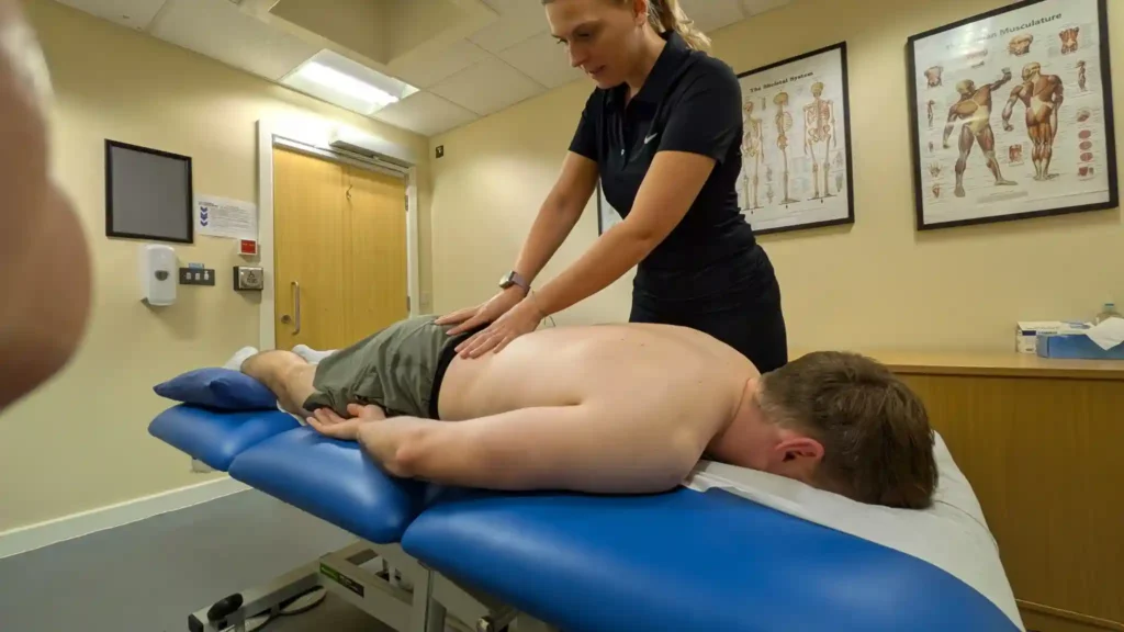 Physiotherapist providing hands-on back treatment during physiotherapy session in Wendover clinic for pain relief and rehabilitation