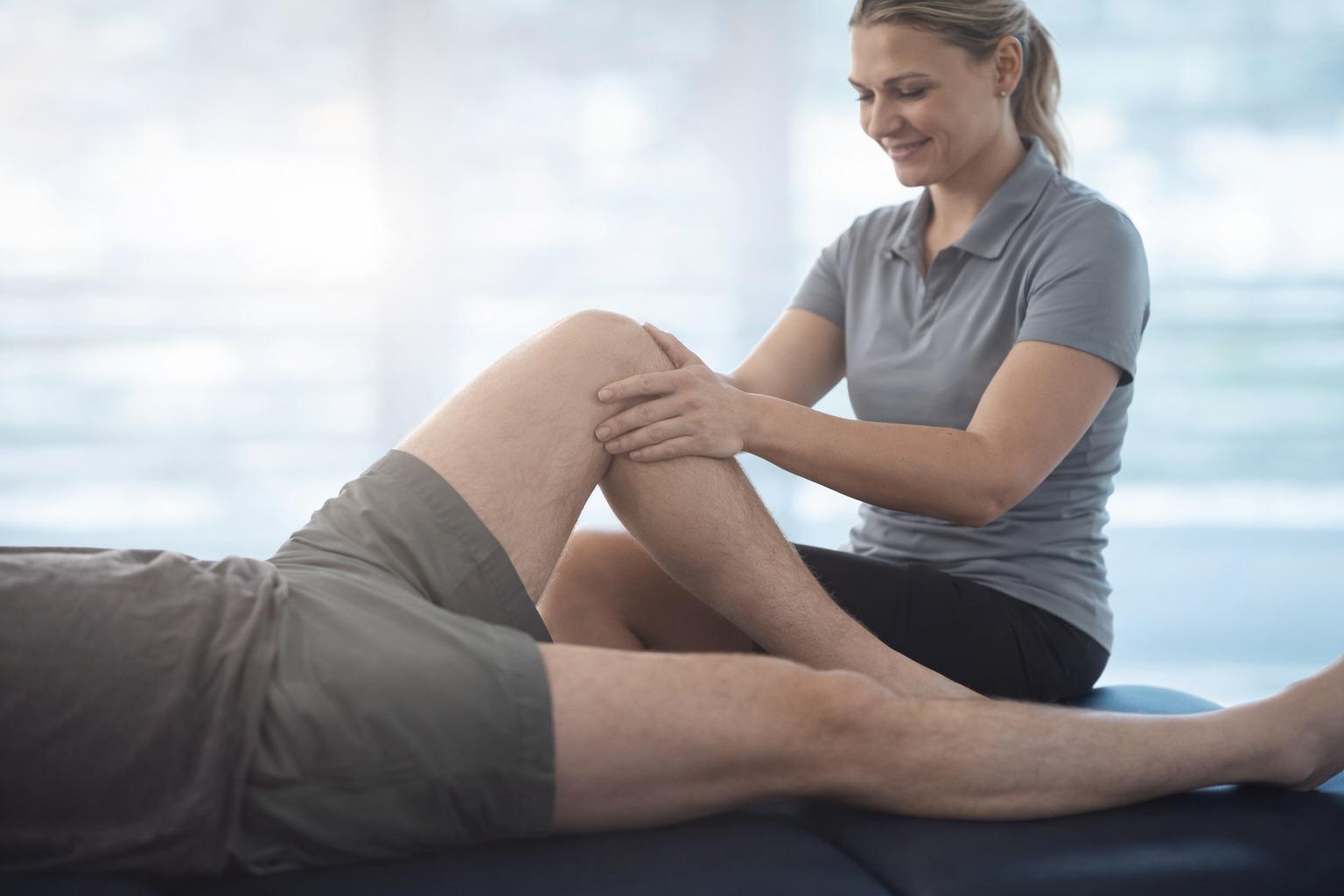 Physiotherapist performing knee rehabilitation therapy on patient to reduce pain and restore mobility at Phoenix Physio Wendover.