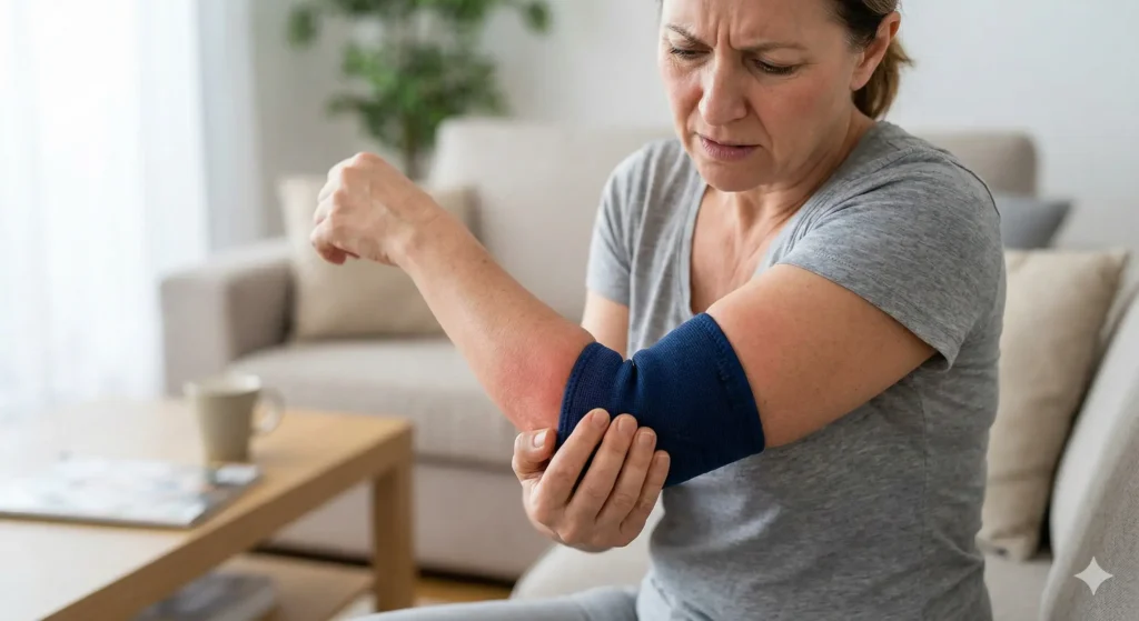 Woman experiencing elbow pain while wearing a compression brace, holding her forearm at home — concept of tennis elbow or joint inflammation treatment near Aylesbury