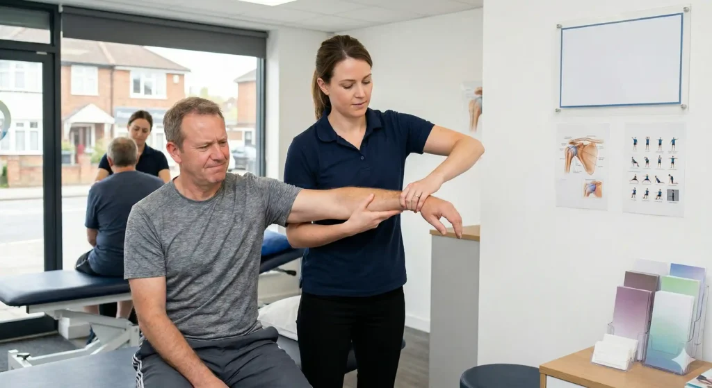 Physiotherapist assisting a middle-aged man with shoulder rehabilitation exercise in a clinic, demonstrating treatment for frozen shoulder and improving arm mobility.