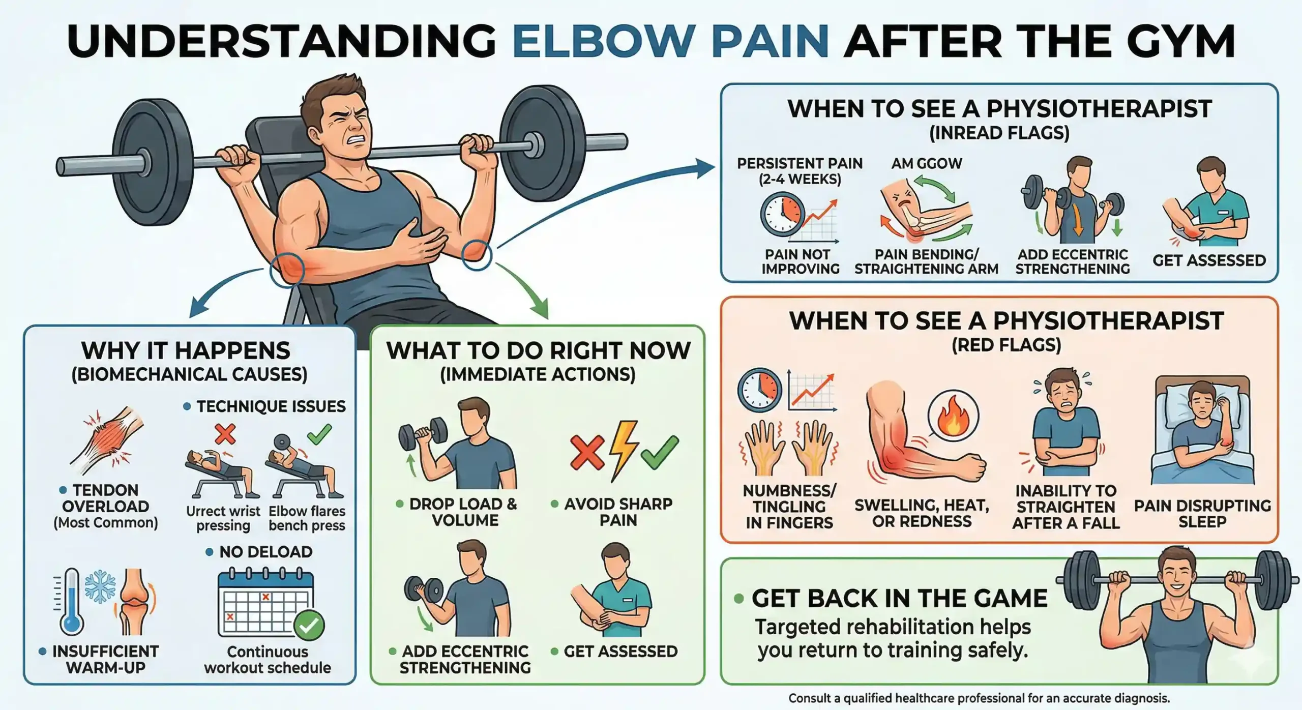 Infographic on elbow pain after the gym showing causes like tendon overload, poor lifting technique, and lack of warm-up, with immediate actions, rehab advice, and red flags such as numbness, swelling, and persistent pain requiring physiotherapy.