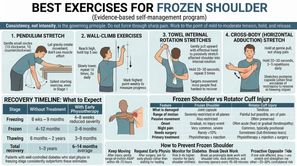 Infographic showing best exercises for frozen shoulder (adhesive capsulitis) with a structured, evidence-based self-management approach.
