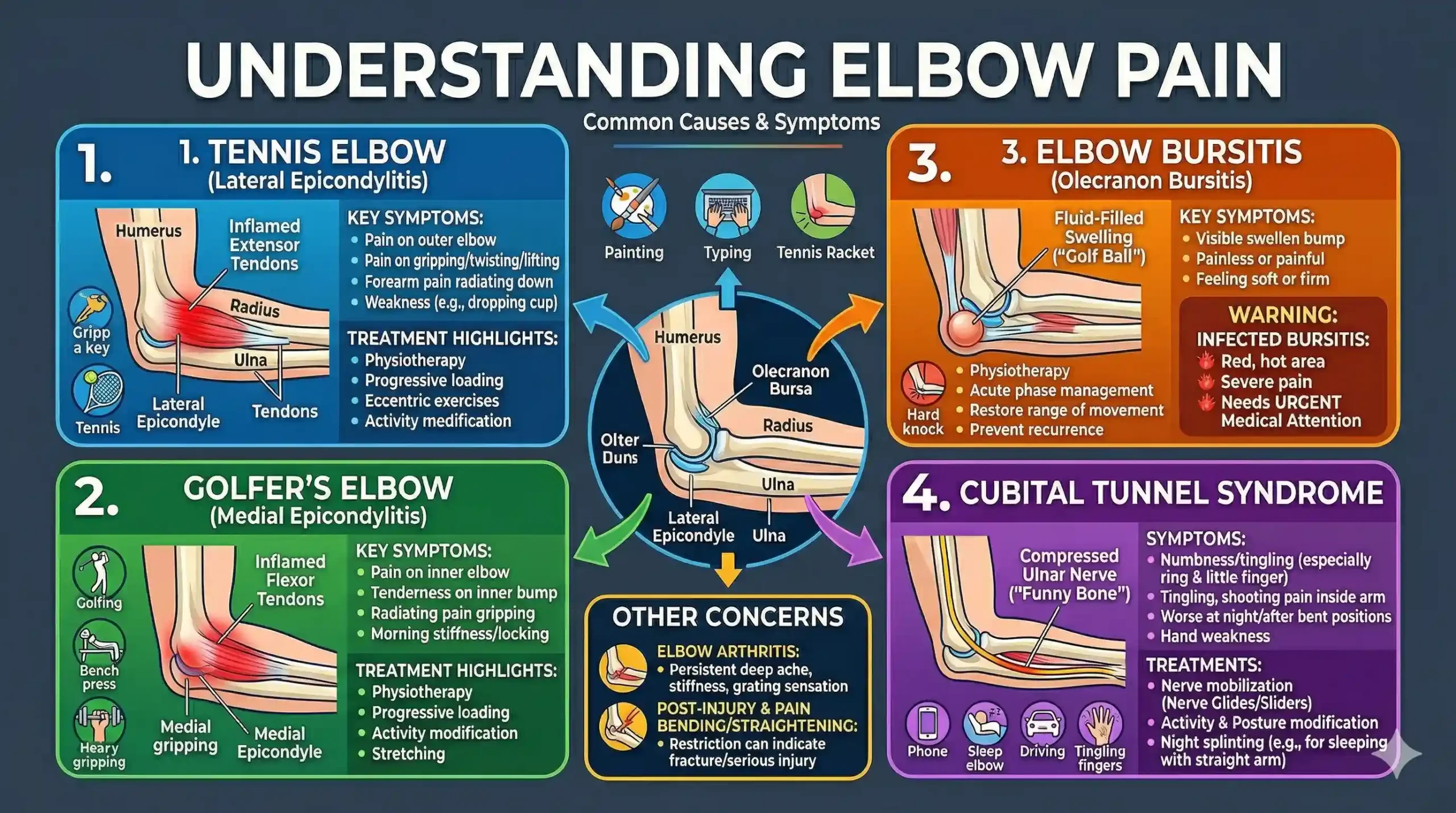 Infographic explaining elbow pain causes and symptoms, including tennis elbow (lateral epicondylitis), golfer’s elbow (medial epicondylitis), elbow bursitis (olecranon bursitis), and cubital tunnel syndrome, with diagrams, key symptoms, and treatment options.