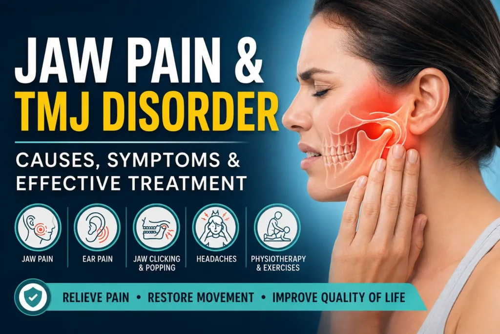 Jaw pain and TMJ disorder illustration showing inflamed temporomandibular joint near ear with symptoms like clicking, ear pain, headaches and physiotherapy treatment concept