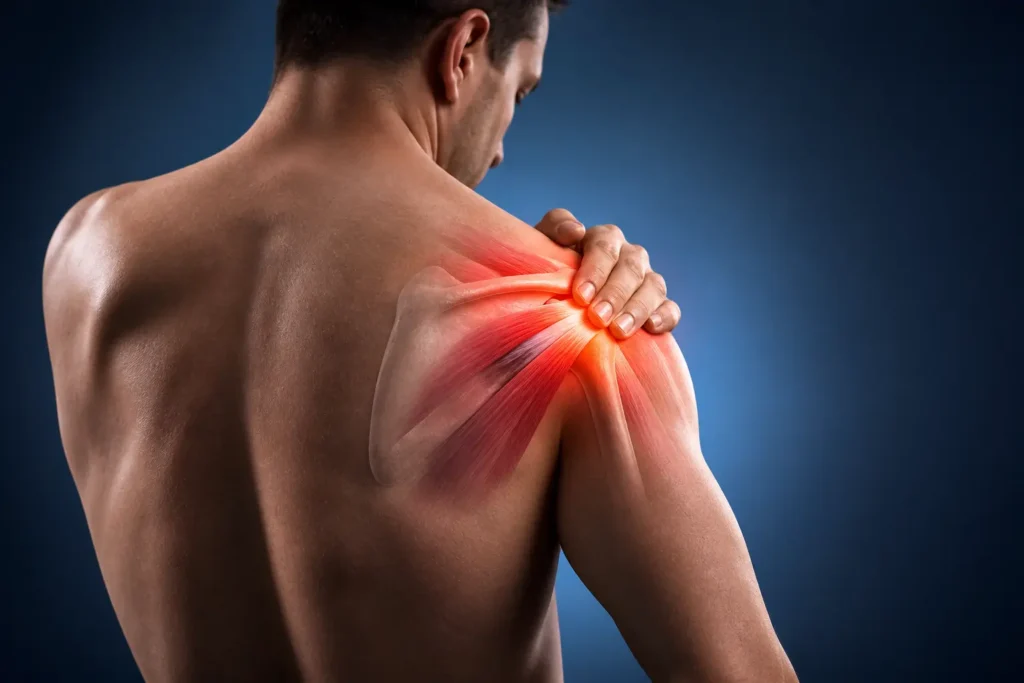 Man holding his shoulder with visible rotator cuff muscle inflammation highlighting shoulder pain