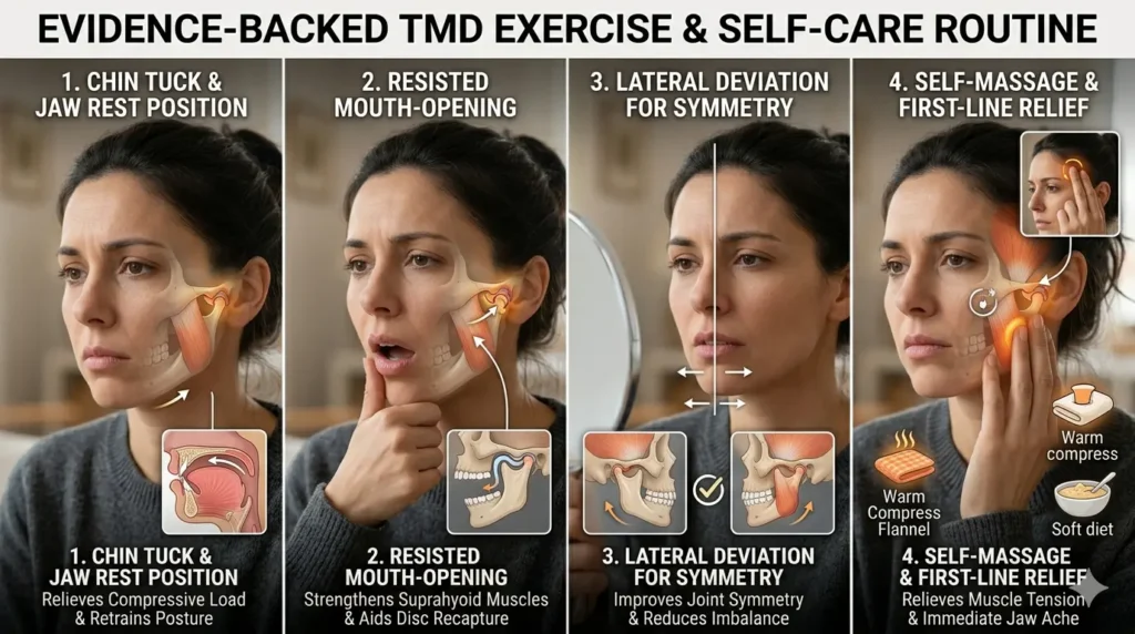 TMD exercise infographic showing chin tuck, resisted mouth opening, lateral jaw movement, and self-massage for TMJ pain relief