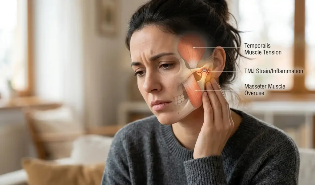 Jaw pain explanation infographic showing TMJ joint, one-sided vs both-side jaw pain, symptoms, and clicking jaw causes