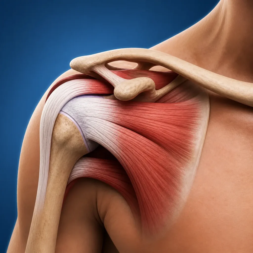 Rotator cuff muscles and shoulder joint anatomy showing tendons and humerus position