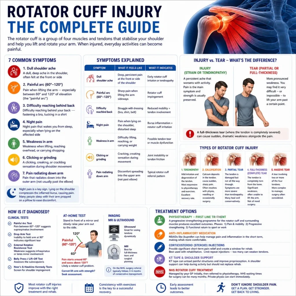 Rotator cuff injury symptoms infographic showing painful arc 60–120 degrees, night shoulder pain, weakness, limited movement, diagnosis and treatment overview